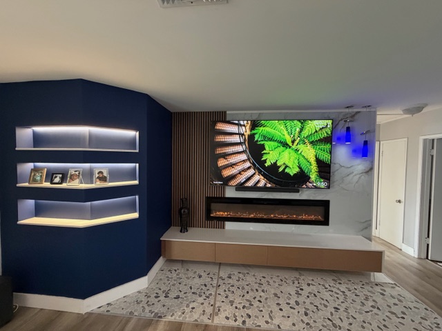 Slat Oak Fireplace Wall